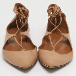 Pre Owned Aquazzura Beige Leather Christy Tie Up Pointed Toe Ballet Flats Size 39