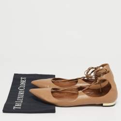 Pre Owned Aquazzura Beige Leather Christy Tie Up Pointed Toe Ballet Flats Size 39