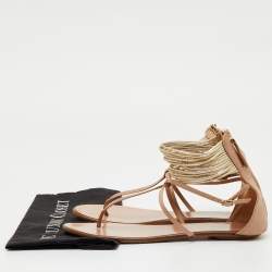 Pre Owned Aquazzura Beige/Gold leather T-Strap Ankle Cuff Flats Size 40