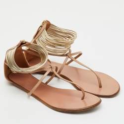 Pre Owned Aquazzura Beige/Gold leather T-Strap Ankle Cuff Flats Size 40