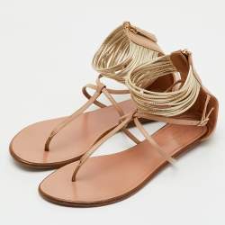 Pre Owned Aquazzura Beige/Gold leather T-Strap Ankle Cuff Flats Size 40