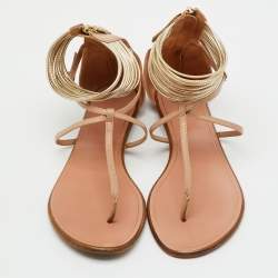 Pre Owned Aquazzura Beige/Gold leather T-Strap Ankle Cuff Flats Size 40