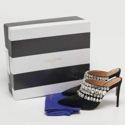 Pre Owned Aquazzura Black Satin Crystal Embellished Palace Mules Size 37
