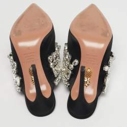 Pre Owned Aquazzura Black Satin Crystal Embellished Palace Mules Size 37
