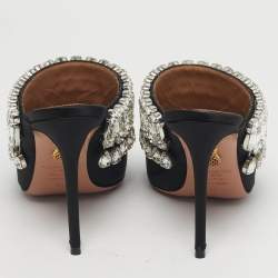 Pre Owned Aquazzura Black Satin Crystal Embellished Palace Mules Size 37