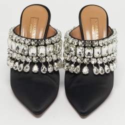 Pre Owned Aquazzura Black Satin Crystal Embellished Palace Mules Size 37