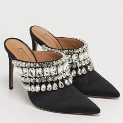 Pre Owned Aquazzura Black Satin Crystal Embellished Palace Mules Size 37