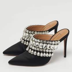 Pre Owned Aquazzura Black Satin Crystal Embellished Palace Mules Size 37
