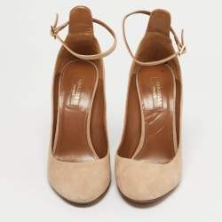 Pre Owned Aquazzura Beige Suede Alix Ankle Strap Pumps Size 38.5