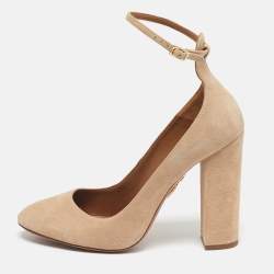 Pre Owned Aquazzura Beige Suede Alix Ankle Strap Pumps Size 38.5