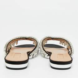 Pre Owned Aquazzura Gem Palace  Black Satin Crystal Embellished Flat Sandals Size 37.5