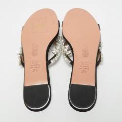 Pre Owned Aquazzura Gem Palace  Black Satin Crystal Embellished Flat Sandals Size 37.5