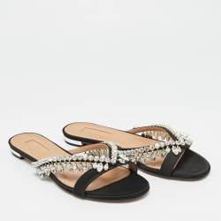 Pre Owned Aquazzura Gem Palace  Black Satin Crystal Embellished Flat Sandals Size 37.5