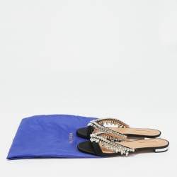 Pre Owned Aquazzura Gem Palace  Black Satin Crystal Embellished Flat Sandals Size 37.5