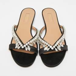 Pre Owned Aquazzura Gem Palace  Black Satin Crystal Embellished Flat Sandals Size 37.5