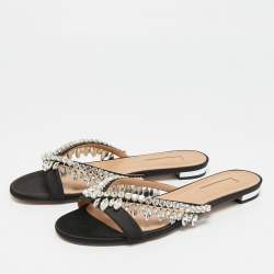 Pre Owned Aquazzura Gem Palace  Black Satin Crystal Embellished Flat Sandals Size 37.5