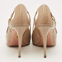 Pre Owned Aquazzura Fenix Size 38 Beige Croc Embossed Cut-Out Leather Pumps