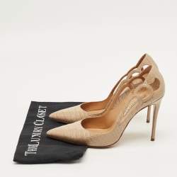Pre Owned Aquazzura Fenix Size 38 Beige Croc Embossed Cut-Out Leather Pumps