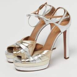Pre Owned Aquazzura La Di Da Size 41 Silver Leather and Snakeskin Embossed Platform Sandals