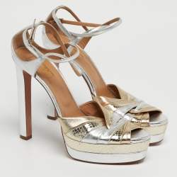 Pre Owned Aquazzura La Di Da Size 41 Silver Leather and Snakeskin Embossed Platform Sandals