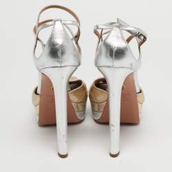 Pre Owned Aquazzura La Di Da Size 41 Silver Leather and Snakeskin Embossed Platform Sandals