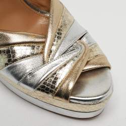 Pre Owned Aquazzura La Di Da Size 41 Silver Leather and Snakeskin Embossed Platform Sandals