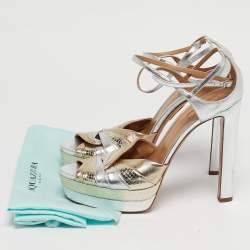 Pre Owned Aquazzura La Di Da Size 41 Silver Leather and Snakeskin Embossed Platform Sandals
