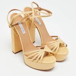 مملوكة مسبقًا صندل أكوازورا منصة جلدية بتأثير الثعبان الذهبي بحزام عند الكاحل مقاس 36