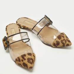 مملوكة مسبقًا Aquazzura Seduction Size 36.5 Brown Leopard Print Calf Hair and PVC Flat Mules