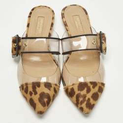 مملوكة مسبقًا Aquazzura Seduction Size 36.5 Brown Leopard Print Calf Hair and PVC Flat Mules