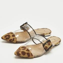 مملوكة مسبقًا Aquazzura Seduction Size 36.5 Brown Leopard Print Calf Hair and PVC Flat Mules