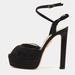 Pre Owned Aquazzura Bellini Beauty Plateau Size 37 Black Fabric and Satin Ankle Strap Sandals