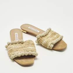 مملوكة مسبقًا شبشب أكوازورا مسطح قش بيج مزين بشرابات مقاس 37