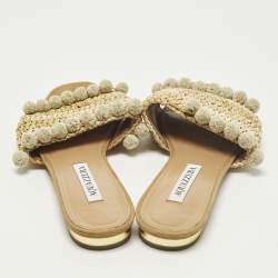 مملوكة مسبقًا شبشب أكوازورا مسطح قش بيج مزين بشرابات مقاس 37