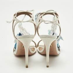 Pre Owned صندل أكوازورا قماش ورافيا أبيض/أزرق بأزهار وحزام للكاحل مقاس 37.5