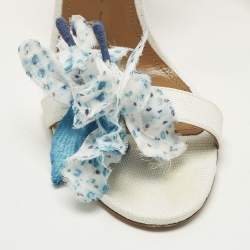 Pre Owned صندل أكوازورا قماش ورافيا أبيض/أزرق بأزهار وحزام للكاحل مقاس 37.5