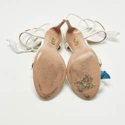 Pre Owned صندل أكوازورا قماش ورافيا أبيض/أزرق بأزهار وحزام للكاحل مقاس 37.5