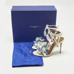 Pre Owned صندل أكوازورا قماش ورافيا أبيض/أزرق بأزهار وحزام للكاحل مقاس 37.5