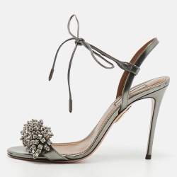 Pre Owned Aquazzura Wild Thing Size 36.5 Grey Leather Embellishment Ankle Strap Sandals
