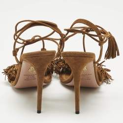 Pre Owned Aquazzura Wild Thing Size 39 Brown Suede Fringe Ankle Wrap Sandals