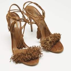 Pre Owned Aquazzura Wild Thing Size 39 Brown Suede Fringe Ankle Wrap Sandals