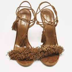 Pre Owned Aquazzura Wild Thing Size 39 Brown Suede Fringe Ankle Wrap Sandals