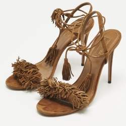 Pre Owned Aquazzura Wild Thing Size 39 Brown Suede Fringe Ankle Wrap Sandals
