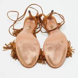 Pre Owned Aquazzura Wild Thing Size 39 Brown Suede Fringe Ankle Wrap Sandals