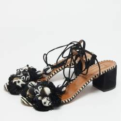 Pre Owned Aquazzura Size 39 Black/White Suede Bead Pom Pom Block Heel Ankle Wrap Sandals