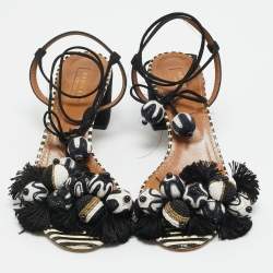 Pre Owned Aquazzura Size 39 Black/White Suede Bead Pom Pom Block Heel Ankle Wrap Sandals