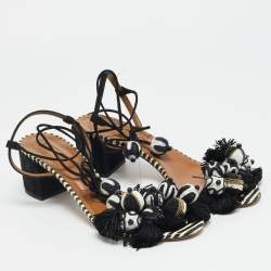 Pre Owned Aquazzura Size 39 Black/White Suede Bead Pom Pom Block Heel Ankle Wrap Sandals