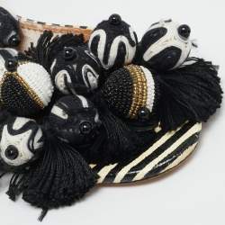 Pre Owned Aquazzura Size 39 Black/White Suede Bead Pom Pom Block Heel Ankle Wrap Sandals