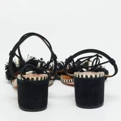 Pre Owned Aquazzura Size 39 Black/White Suede Bead Pom Pom Block Heel Ankle Wrap Sandals