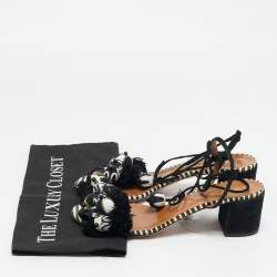 Pre Owned Aquazzura Size 39 Black/White Suede Bead Pom Pom Block Heel Ankle Wrap Sandals
